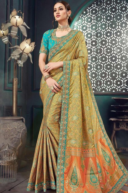 Embroidered Jacquard & Silk Saree in Multicolor
