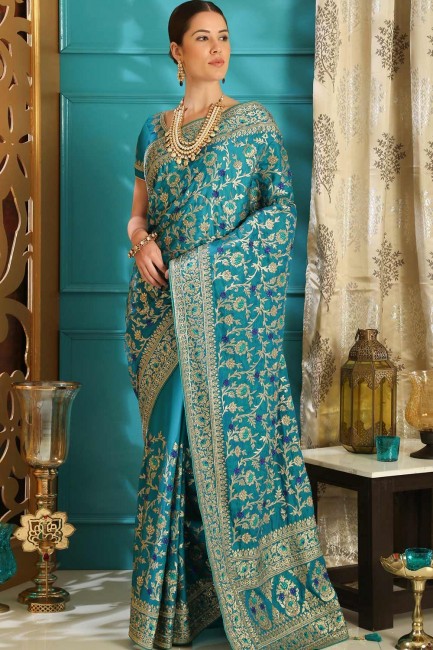 Saree in Blue Silk with Embroidered