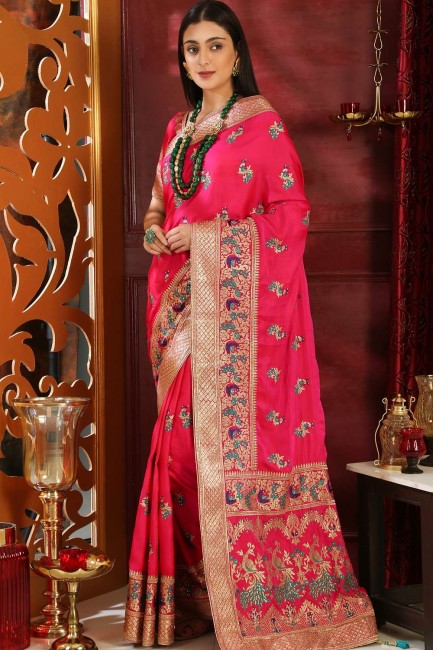 Silk Saree with Embroidered in Dark Pink