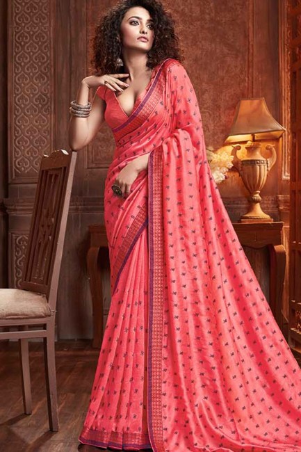 Ethinc Pink Embroidered Saree in Silk