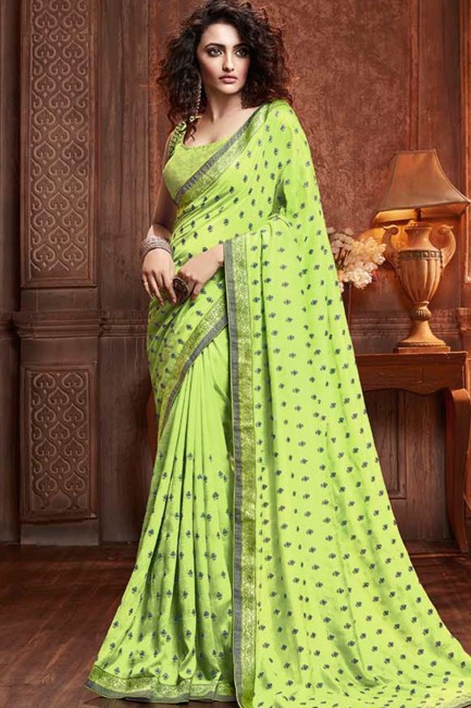 Embroidered Silk Saree in Light Green with Blouse
