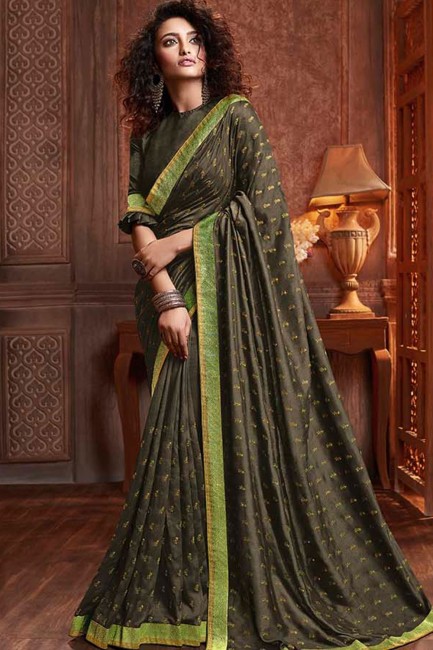 Dark Olive Green  Saree in Silk with Embroidered