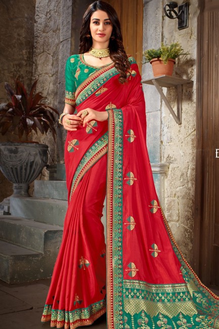sea green Red Jacquard & Silk & Art Silk Embroidered Saree with Blouse