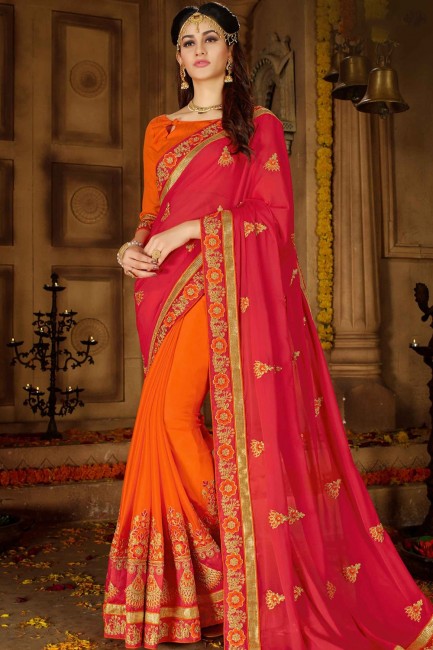 Embroidered Georgette Orange & Red Saree Blouse