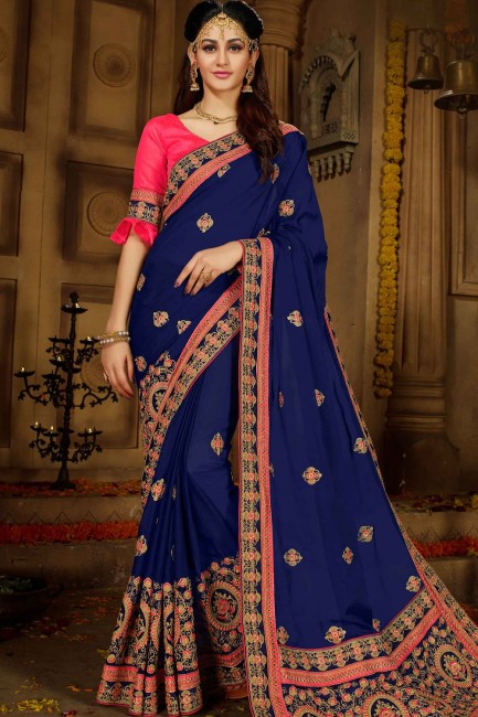 Royal Blue Georgette Embroidered Saree with Blouse