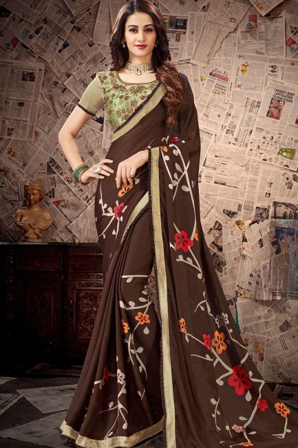 Georgette & Satin Brown Saree in Embroidered