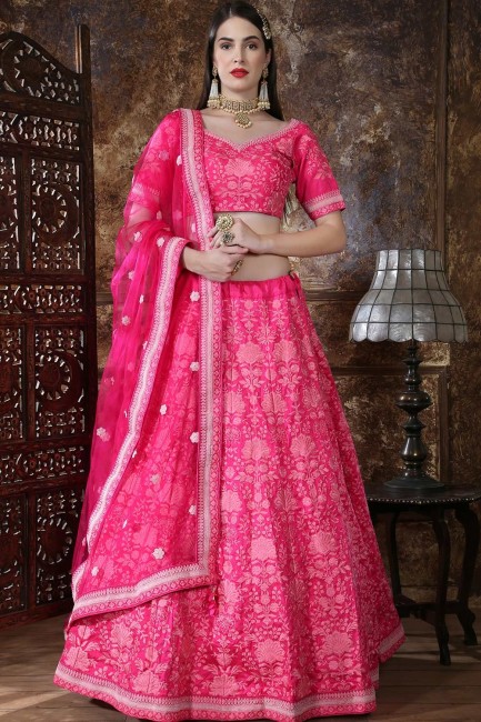Dark Pink Lehenga Choli in Art Silk with Embroidery