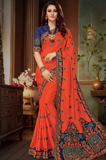 Silk Saree in Orange with Embroidered