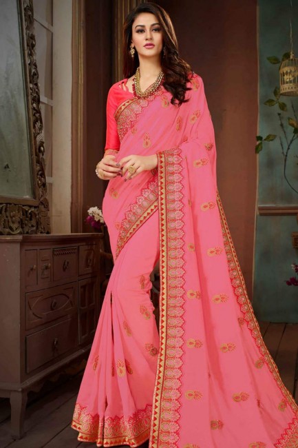 Embroidered Chiffon & Silk Saree in Pink with Blouse