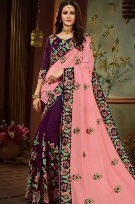 Silk Purple & Pink Saree in Embroidered