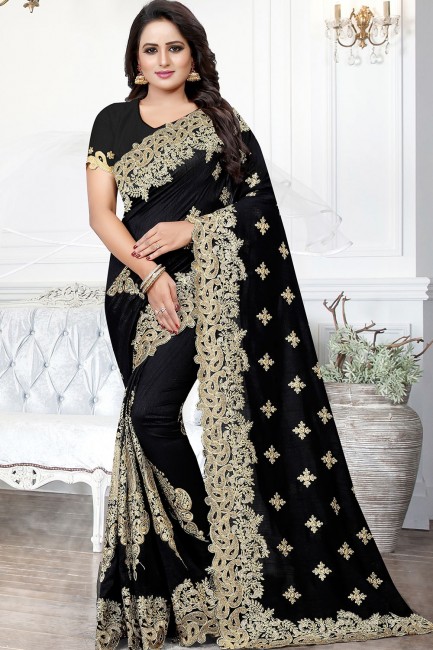 Art Silk Saree in Black with Embroidered