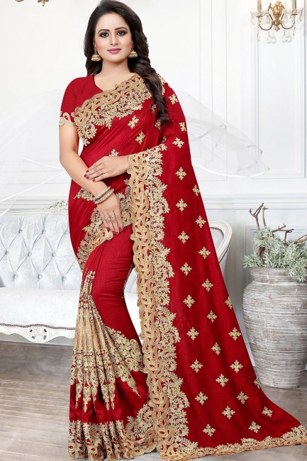 Elegant Saree in Red Art Silk with Embroidered