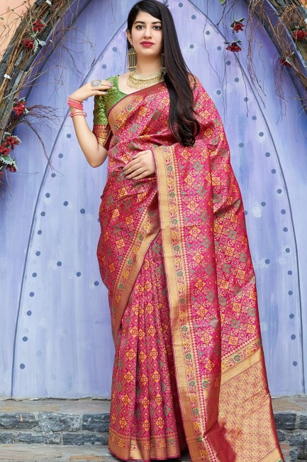 Dark Pink Weaving Saree in Art Silk