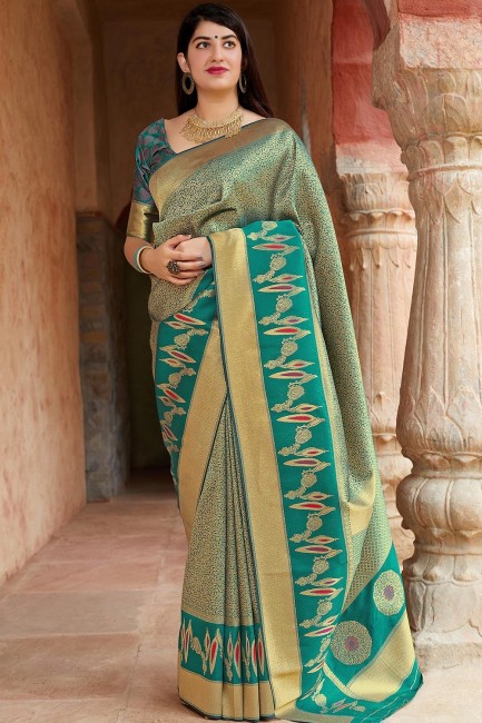 Teal Green Weaving Saree in Art Silk