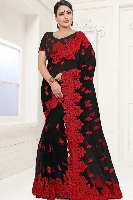 Net Embroidered Black Saree with Blouse