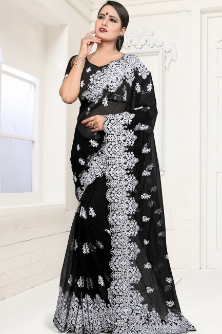 Fascinating Embroidered Net Saree in Black with Blouse