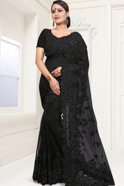 Adorable Net Saree in Black with Embroidered