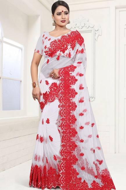 White Embroidered Saree in Net