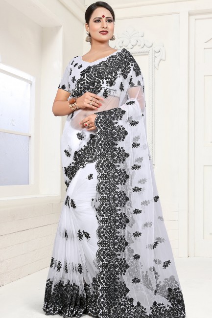 White Saree in Net with Embroidered