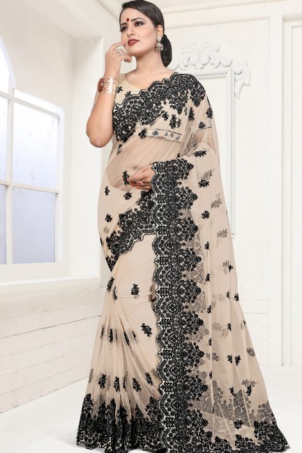 Beige Saree in Net with Embroidered