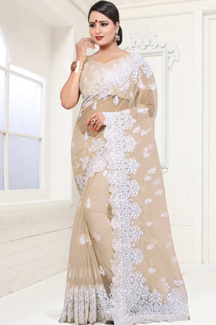 Beige Net Embroidered Saree with Blouse