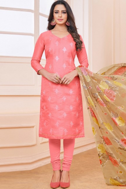 Satin Linen Old Rose Pink  Churidar Suits with dupatta