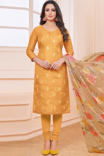 Musturd Yellow  Churidar Suits with Linen Satin
