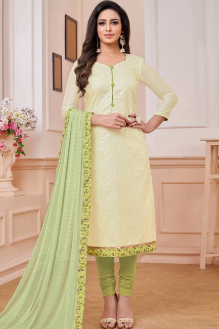 Pale Yellow  Satin Churidar Suits with Linen