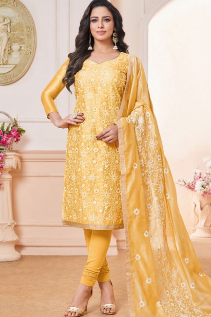 Yellow Churidar Suits in Silk with Silk
