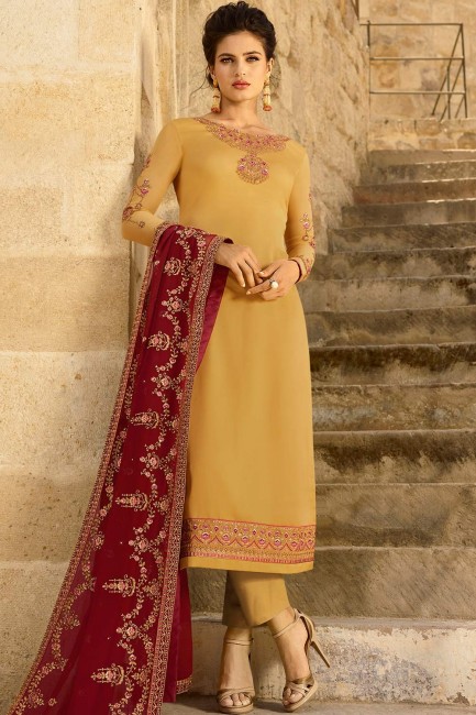 Georgette Straight Pant Straight Pant Suit in occur Yellow Satin