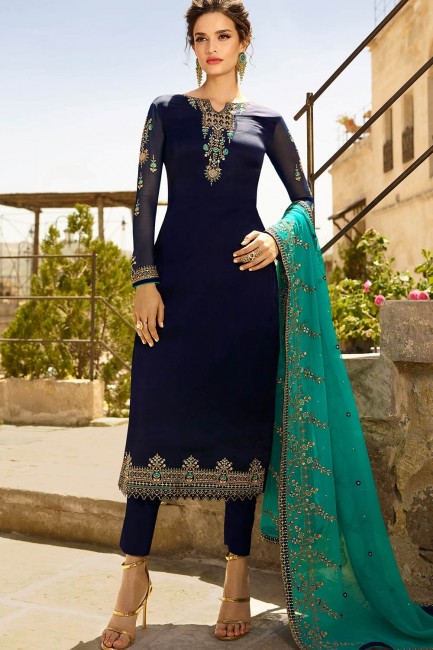 Straight Pant Suit in Navy Blue Satin with Georgette