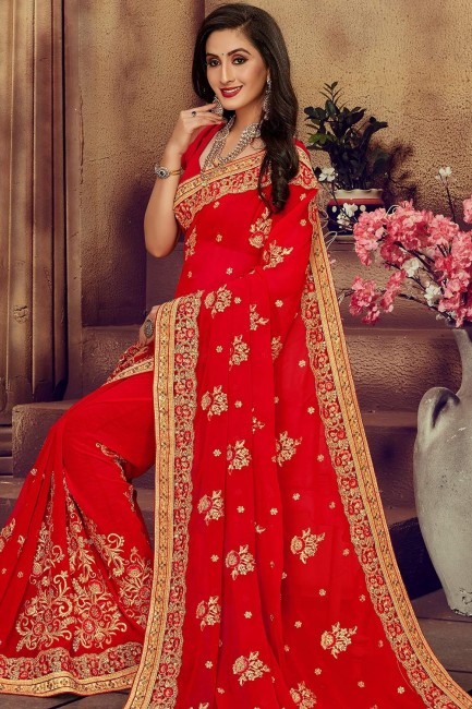 Ravishing Red Georgette Saree with Embroidered
