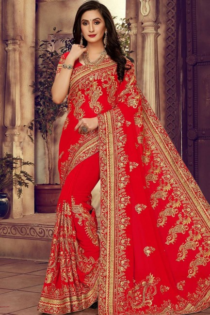 Perfect Saree in Red Georgette with Embroidered