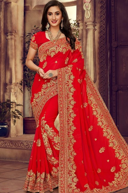 Fascinating Latest Embroidered Georgette Saree in Red with Blouse