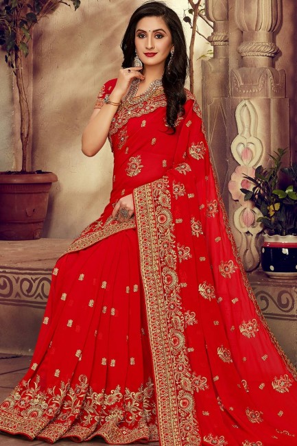 Glorious Red Saree in Embroidered Georgette