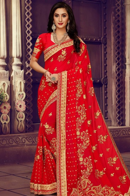 Classy Georgette Saree in Red with Embroidered