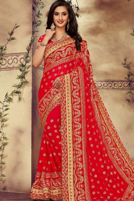 Impressive Red Saree in Embroidered Georgette