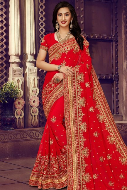 Gorgeous Georgette Red Saree in Embroidered