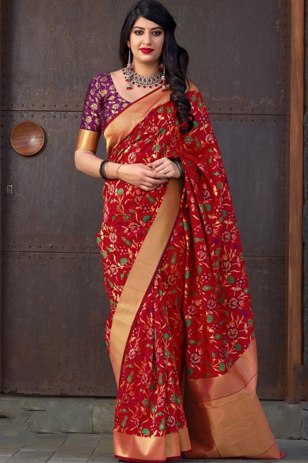 Beautiful Weaving Art Silk Red Saree Blouse