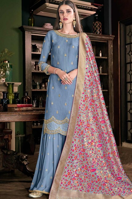 Art Silk Art Silk steel Blue Sharara Suits with dupatta
