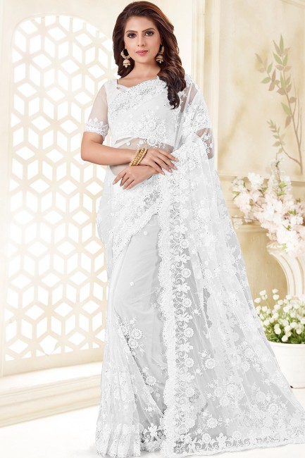 Net Embroidered White Saree with Blouse