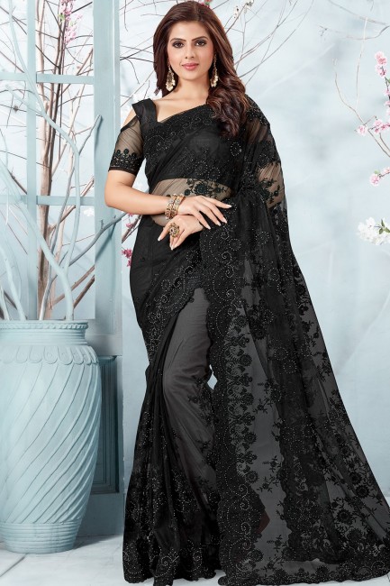 Embroidered Net Black Saree Blouse