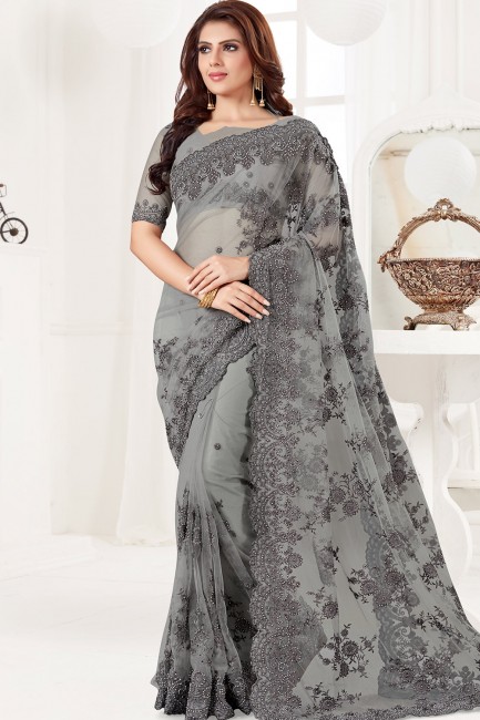 Grey Net Saree with Embroidered