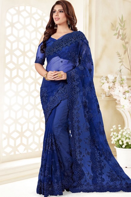 Royal Blue Embroidered Saree in Net
