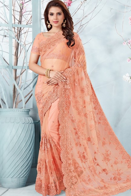 Dazzling Net Saree with Embroidered in Peach