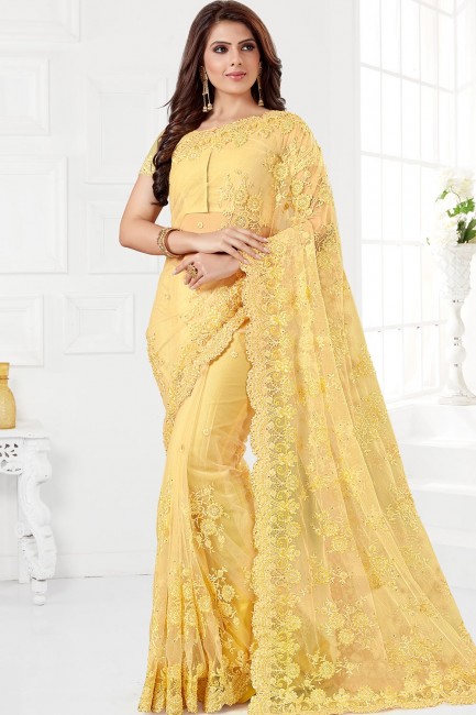 Net Saree in Yellow with Embroidered