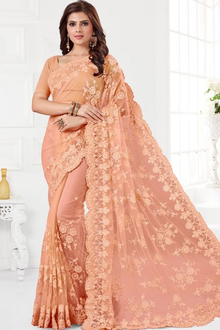 Peach Embroidered Saree in Net