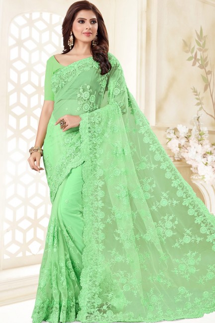 Light Green Embroidered Net Saree