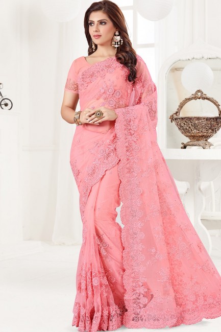 Pink Saree in Net with Embroidered