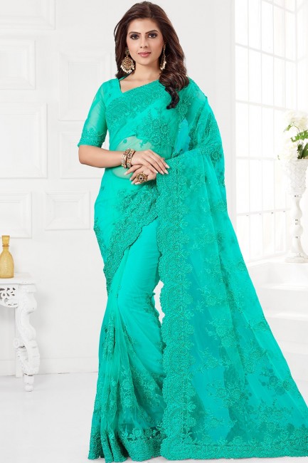 Embroidered Net Saree in sea Green
